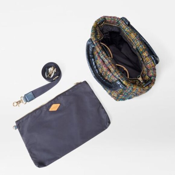 MZ WALLACE MINI METRO TOTE DELUXE Gold Multi Tweed with Metallic Blue Trim NWT - Picture 3 of 9